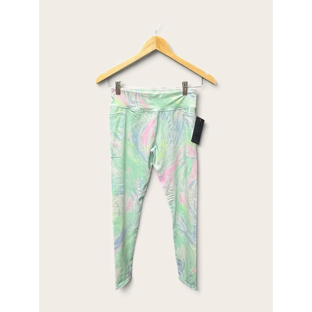 Athletic Works Girls Core Leggings Windswirl Print Green Pink Blue L 10-12 NWT